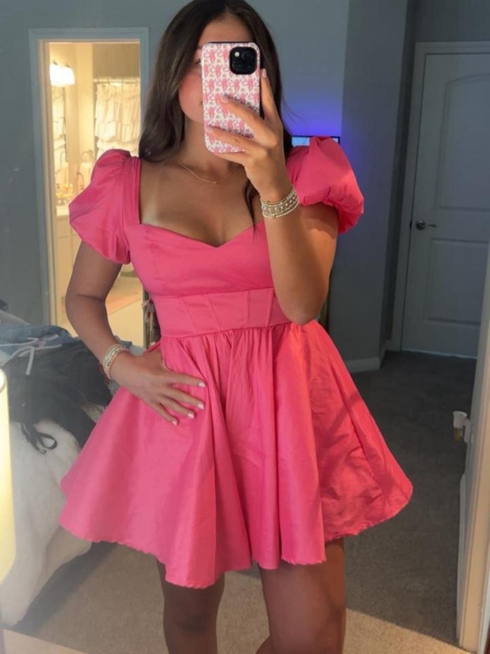 Windsor Women's Pink Puff Sleeve Fit-and-Flare Dress